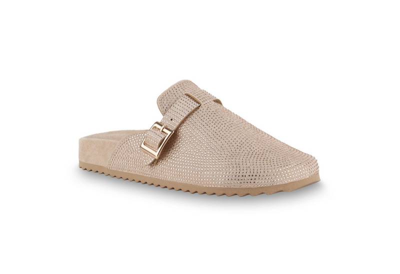 VAN HILL 841315 Hausschuh Damen Pantoffeln Hausschuhe Strass Schnallen Profil-Sohle von VAN HILL