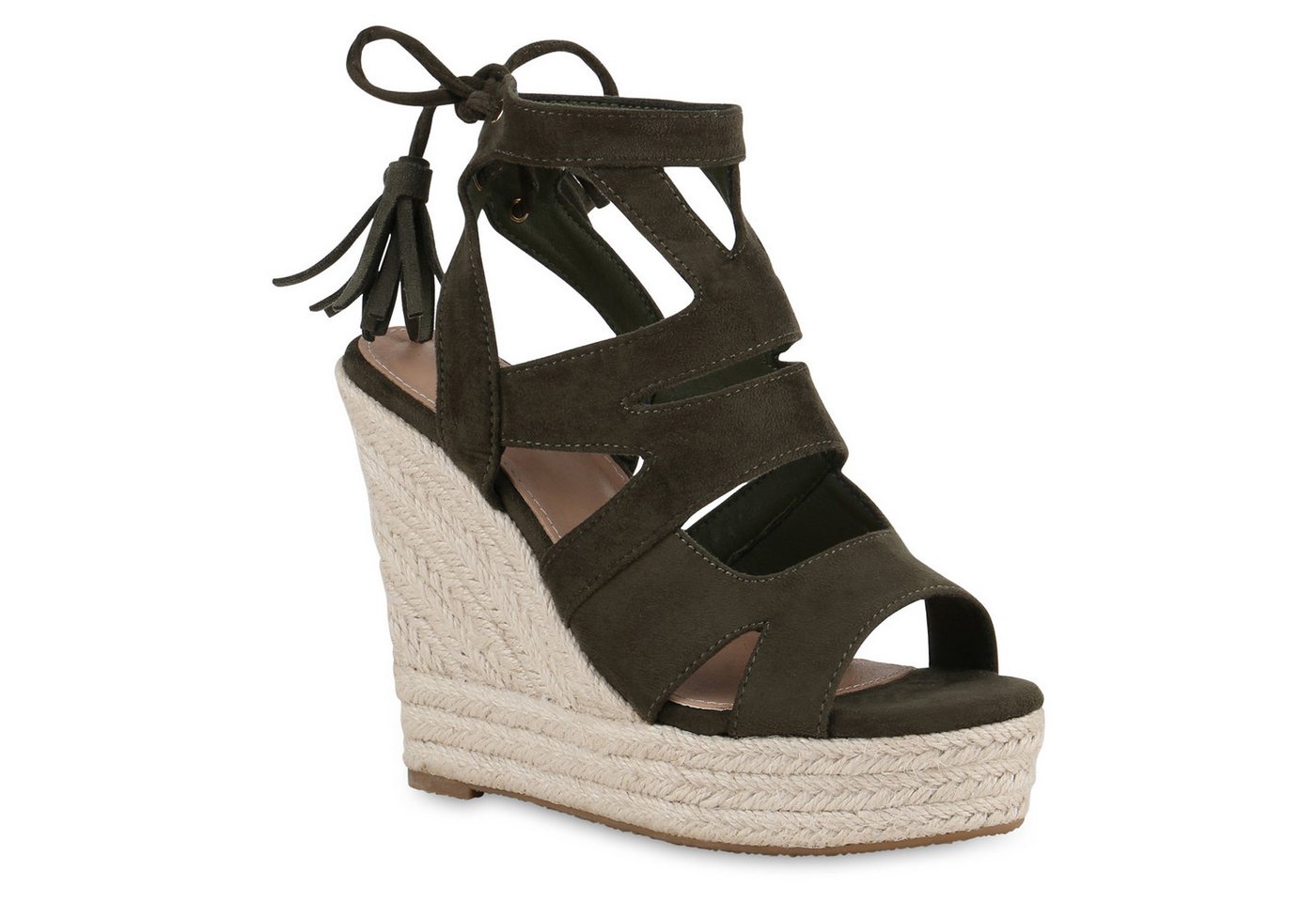 VAN HILL 841372 Keilsandalette Damen Keilsandaletten Sandaletten Bast Quasten Cut-Outs von VAN HILL