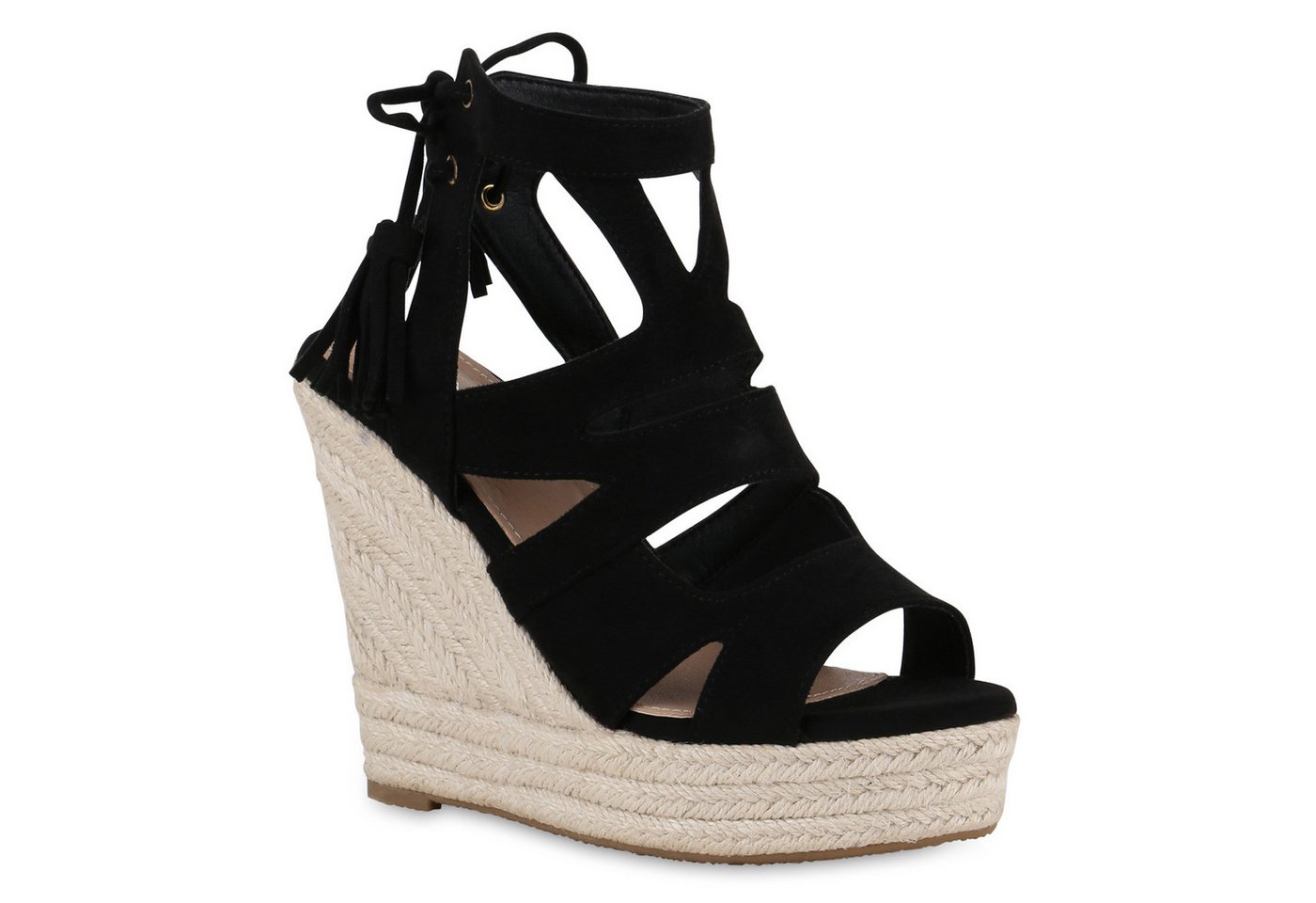 VAN HILL 841372 Keilsandalette Damen Keilsandaletten Sandaletten Bast Quasten Cut-Outs von VAN HILL