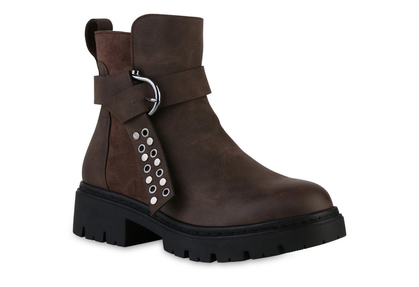 VAN HILL 841474 Bikerboots Damen Biker Boots Stiefeletten Schnallen Ösen Nieten von VAN HILL