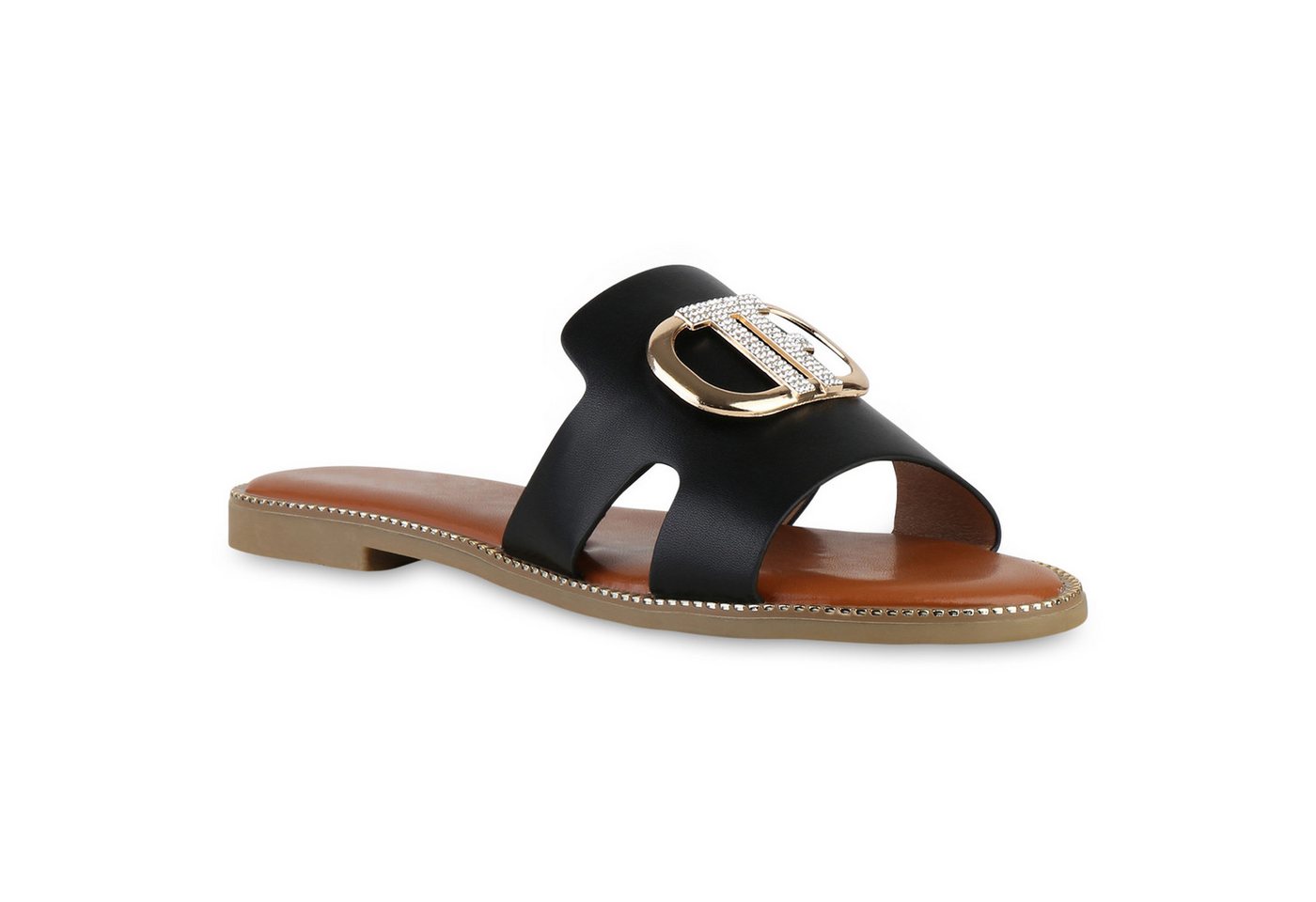 VAN HILL 841508 Pantolette Damen Pantoletten Sandalen Strass Nieten Cut-Outs von VAN HILL