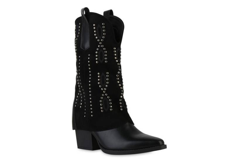 VAN HILL 841521 Cowboystiefel Damen Cowboystiefel Stiefel Spitze Nieten Holzoptikabsatz von VAN HILL