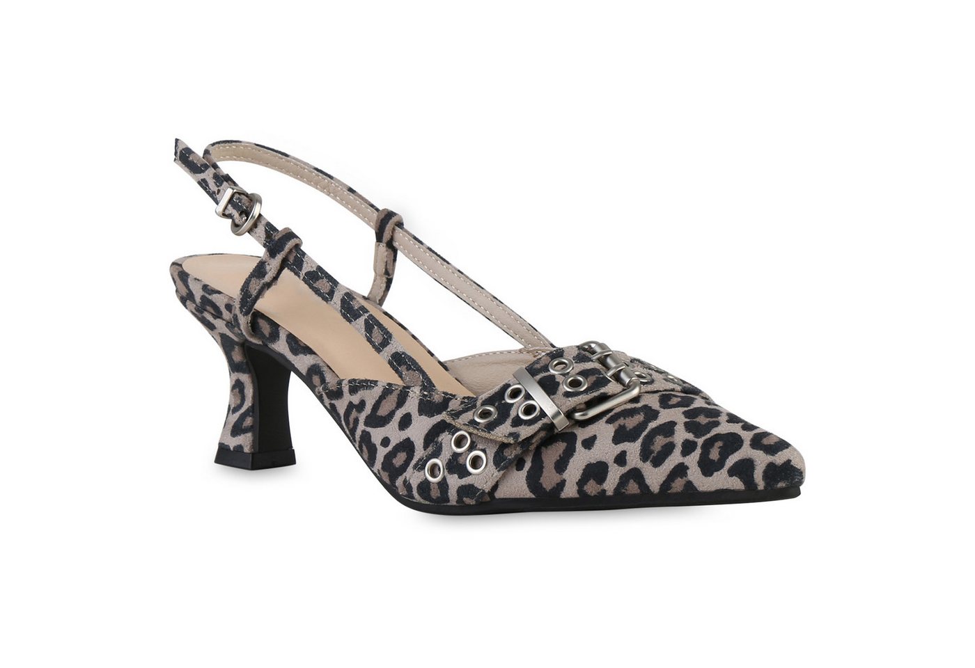 VAN HILL 841584 Slingpumps Damen Slingpumps Pumps Spitz Stiletto Schnallen Leder-Optik von VAN HILL