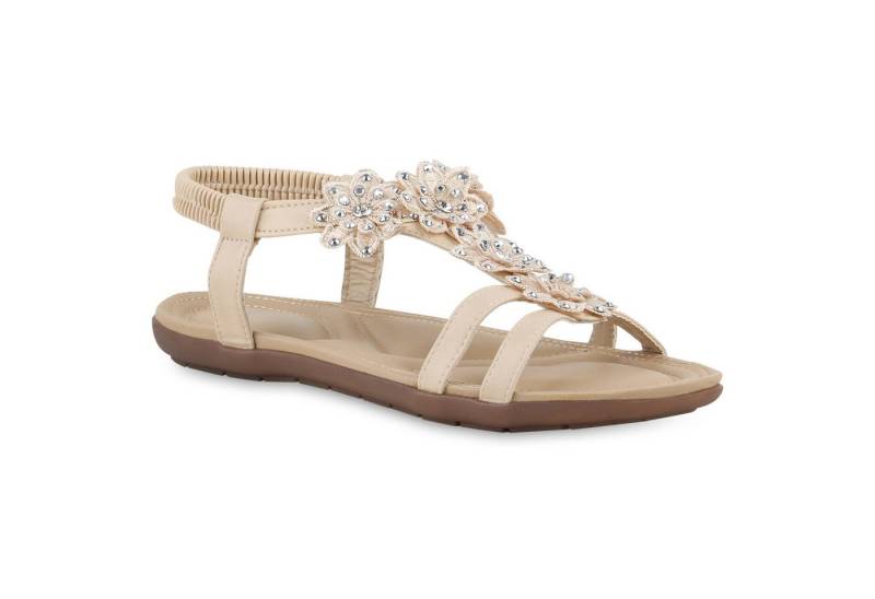 VAN HILL 841674 Riemchensandale Damen Riemchensandalen Sandalen Spitze Blumen Strass Sommer von VAN HILL