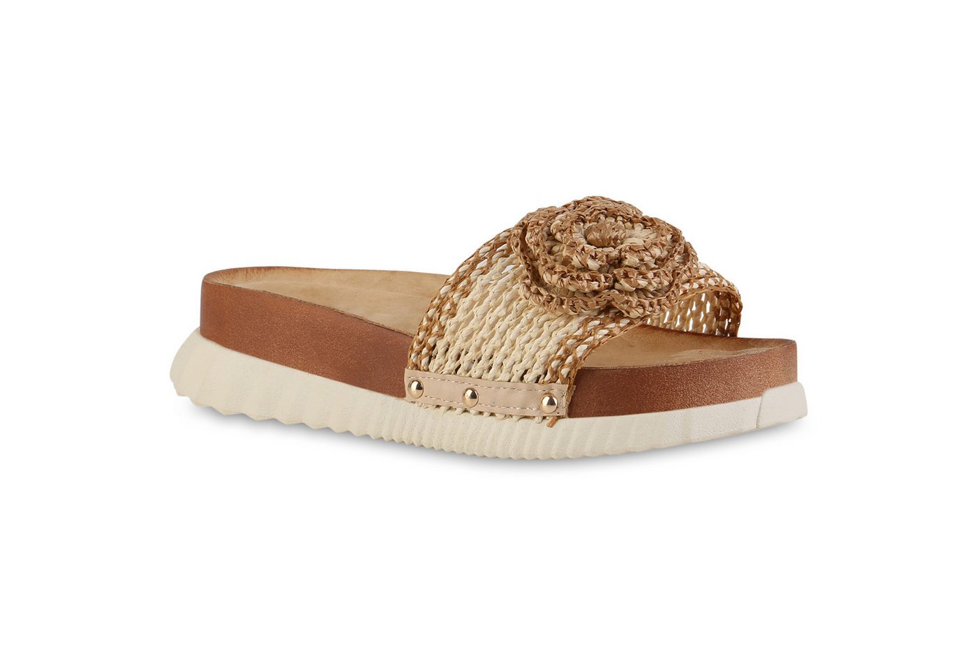 VAN HILL 841745 Sandalette Damen Pantoletten Sandaletten Blumen Profil-Sohle Bast von VAN HILL