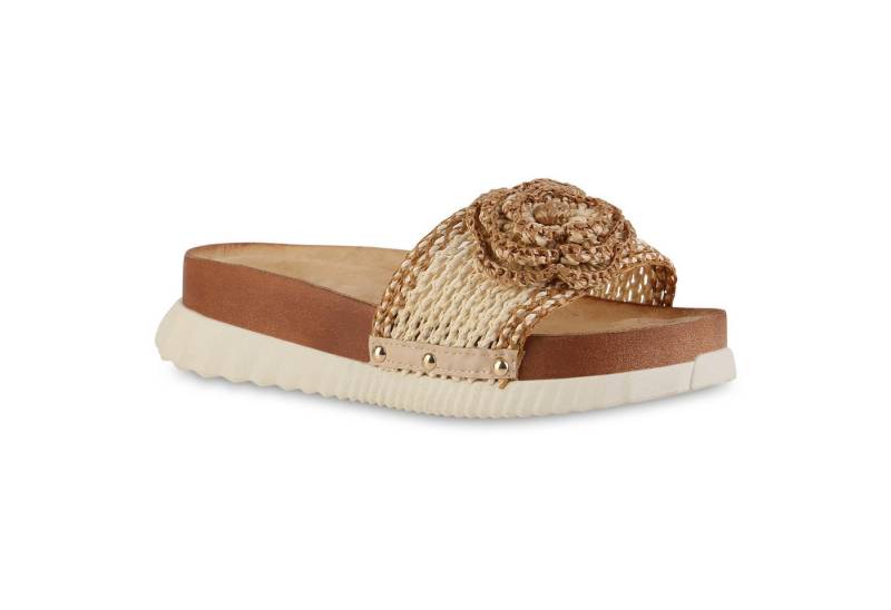 VAN HILL 841745 Sandalette Damen Pantoletten Sandaletten Blumen Profil-Sohle Bast von VAN HILL
