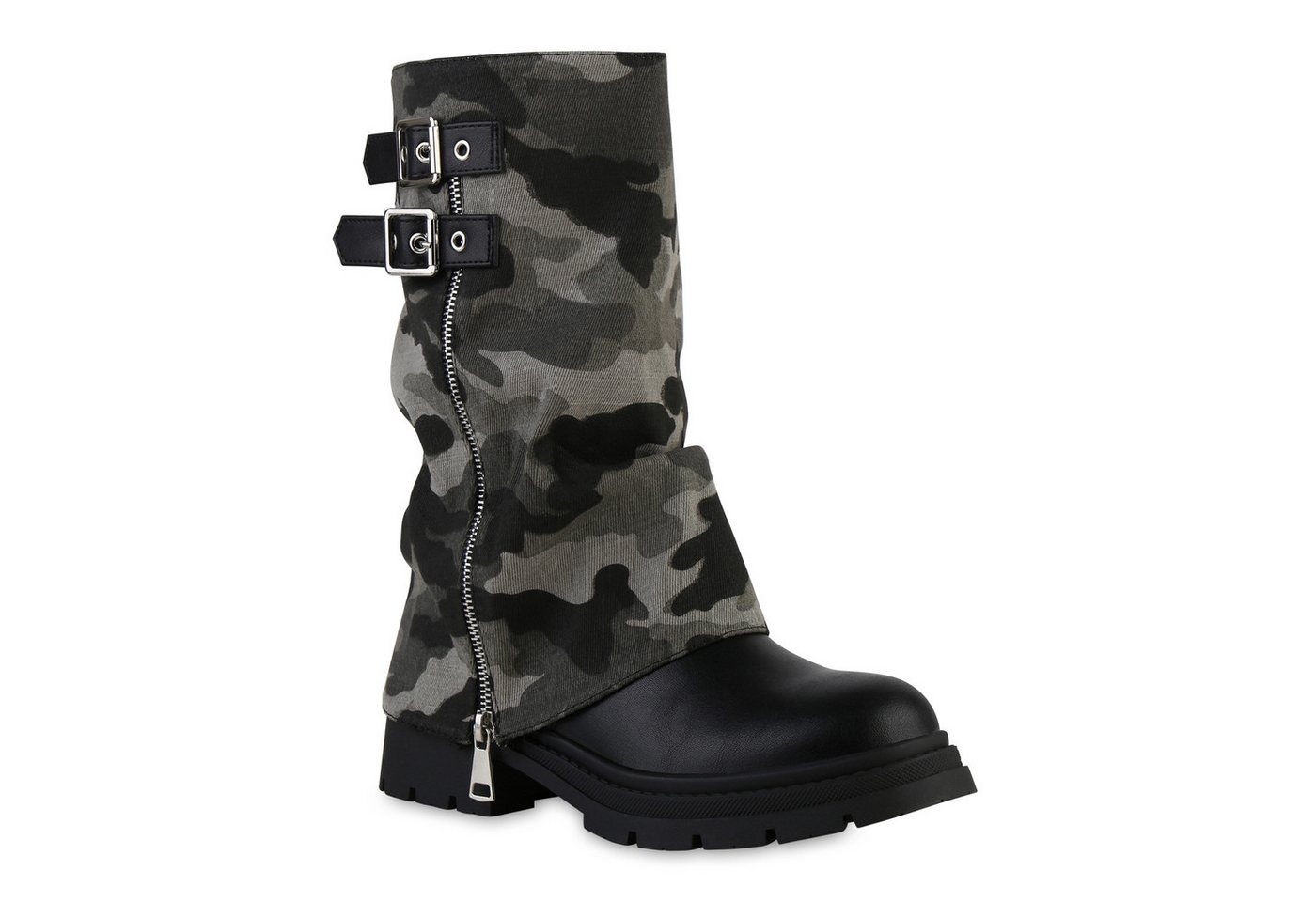 VAN HILL 841799 Stiefel Damen Leicht Gefüttert Bikerstiefel Stiefel Zipper Schnalle von VAN HILL