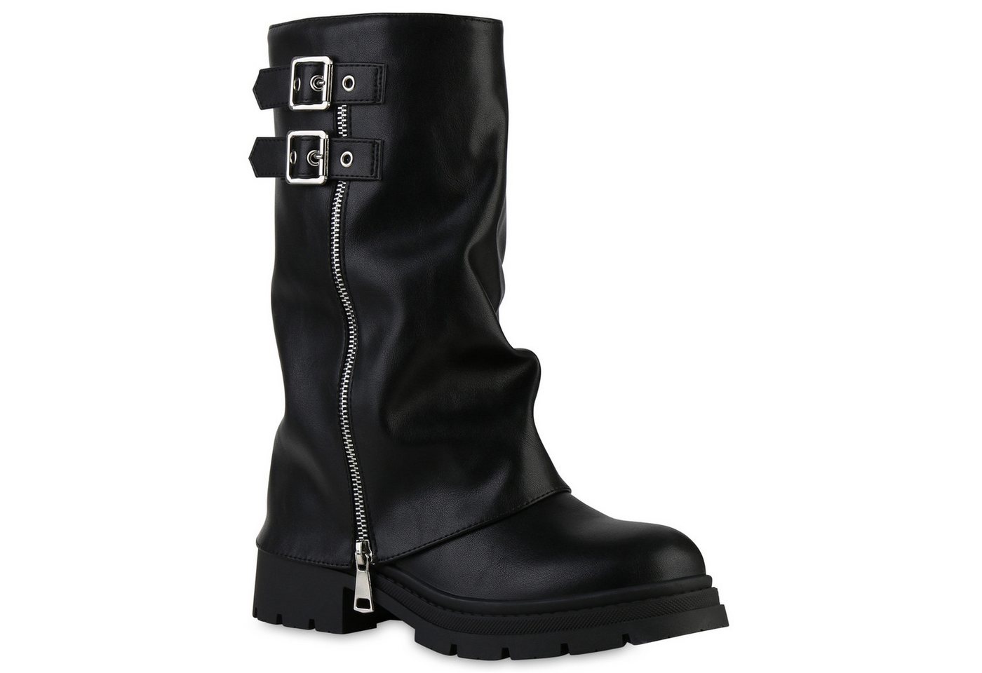 VAN HILL 841799 Stiefel Damen Leicht Gefüttert Bikerstiefel Stiefel Zipper Schnalle von VAN HILL