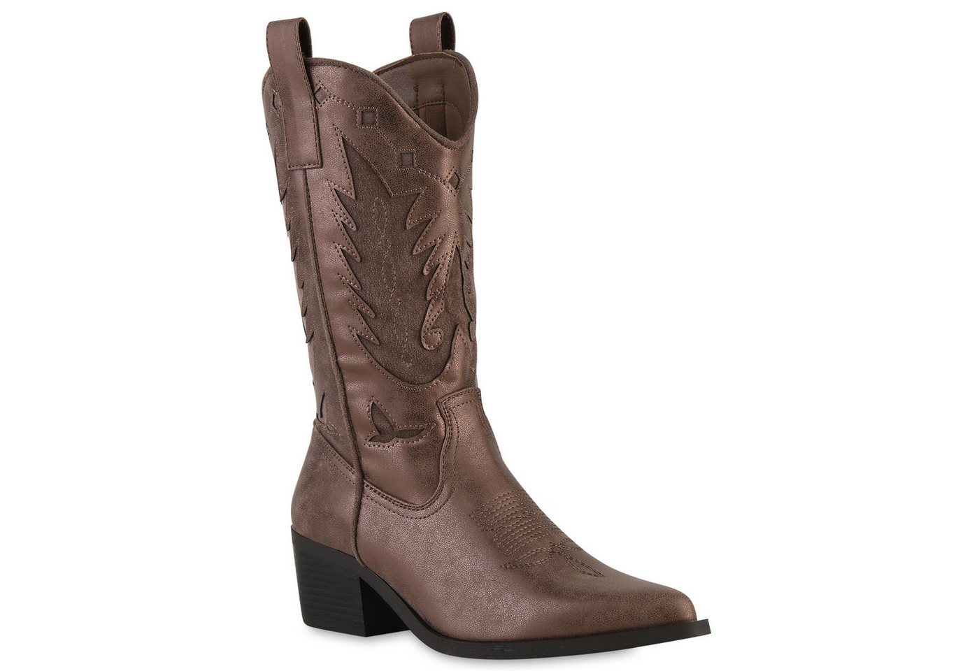 VAN HILL 841843 SL DES669 Damen Stiefel Cowboystiefel Damen Cowboystiefel Stiefel Spitze Western Holzoptikabsatz von VAN HILL