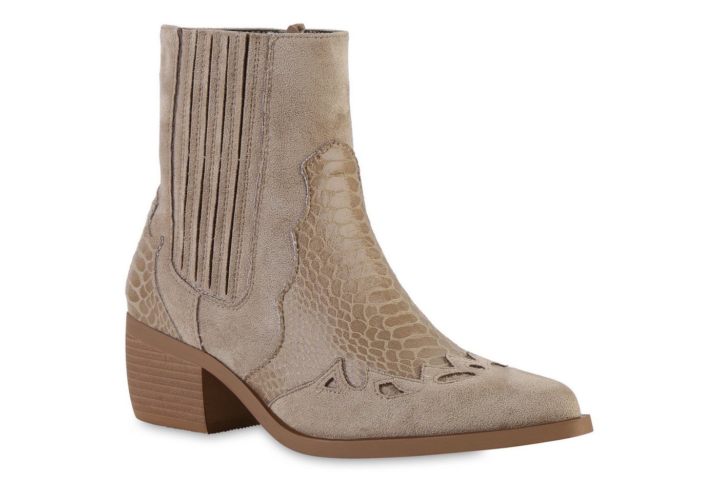 VAN HILL 841855 Cowboy Boots Damen Cowboy Boots Stiefeletten Spitze Holzoptikabsatz von VAN HILL