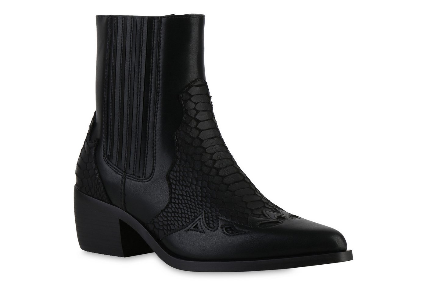 VAN HILL 841855 Cowboy Boots Damen Cowboy Boots Stiefeletten Spitze Holzoptikabsatz von VAN HILL