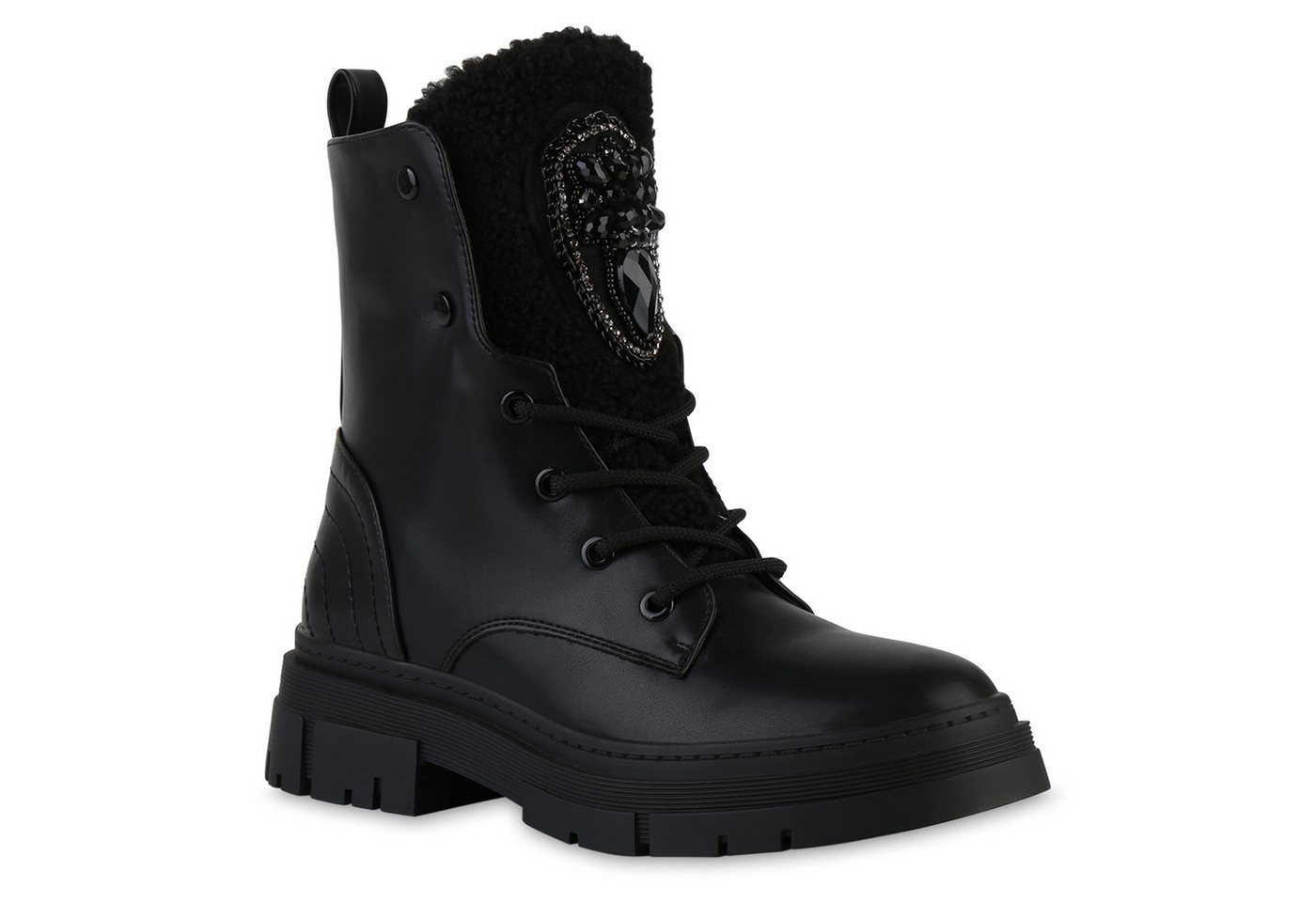 VAN HILL 841889 Schnürstiefelette Damen-Winterstiefel mit Kunstpelz und Zierperlen von VAN HILL