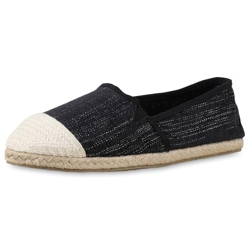 VAN HILL Angesagte Damen Glitzer Slipper Espadrilles Bastsohle 137708 Schwarz 40 von VAN HILL