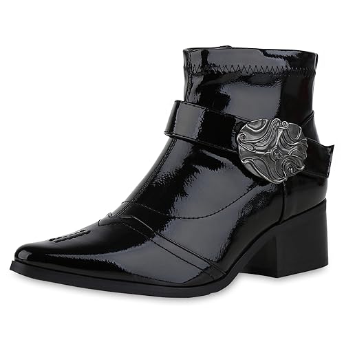 VAN HILL Damen Ankle Boots Blockabsatz Lack Trendy Schuhe 213465 Schwarz Lack 36 von VAN HILL