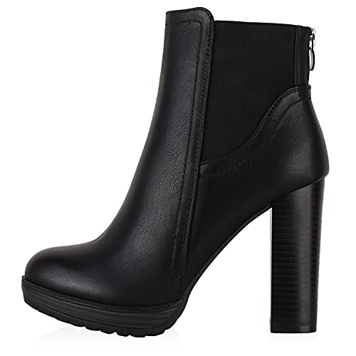 VAN HILL Damen Ankle Boots Plateau Stiefeletten Zipper Holzoptikabsatz 610428 Schwarz Total 41 von VAN HILL