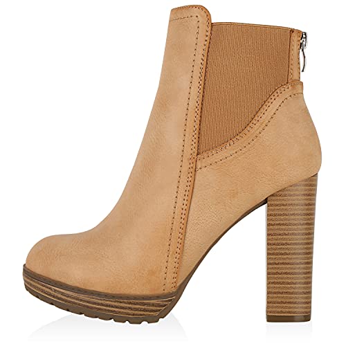 VAN HILL Damen Ankle Boots Plateau Stiefeletten Zipper Holzoptikabsatz 610429 Hellbraun Camel 36 von VAN HILL