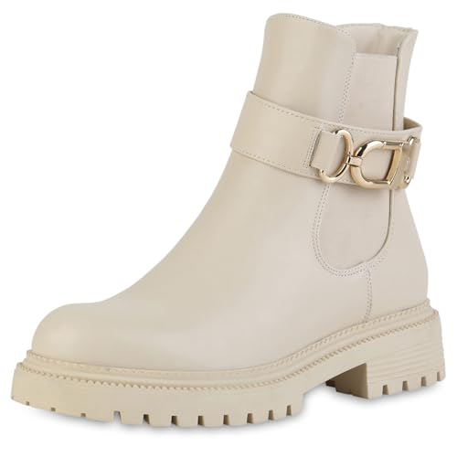 VAN HILL Damen Biker Boots Blockabsatz Profilsohle Trendy Schuhe 215970 Beige 40 von VAN HILL