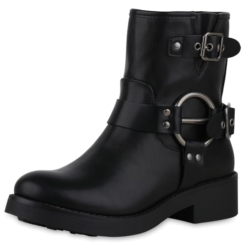 VAN HILL Damen Biker Boots Blockabsatz Schnallen Trendy Schuhe 214051 Schwarz 37 von VAN HILL