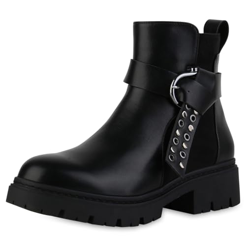 VAN HILL Damen Biker Boots Blockabsatz Schnallen Trendy Schuhe 216449 Schwarz 38 von VAN HILL