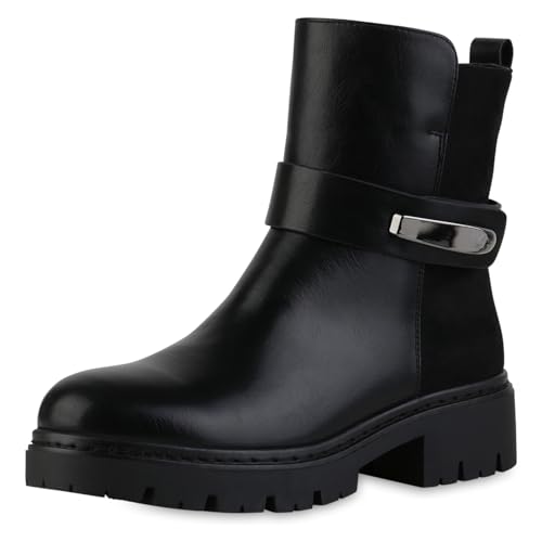 VAN HILL Damen Biker Boots Blockabsatz Schnallen Trendy Schuhe 217559 Schwarz 38 von VAN HILL