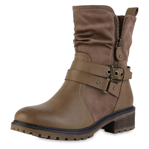 VAN HILL Damen Biker Boots Blockabsatz Schnallen Trendy Schuhe 217564 Khaki 40 von VAN HILL