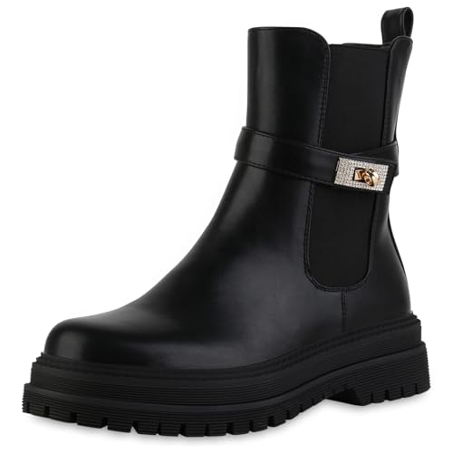VAN HILL Damen Biker Boots Blockabsatz Schnallen Trendy Schuhe 217634 Schwarz 38 von VAN HILL