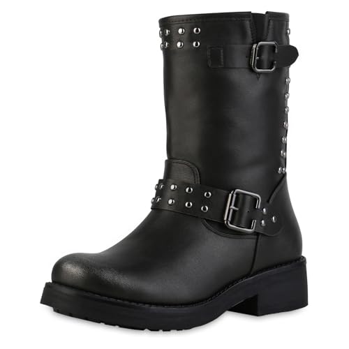 VAN HILL Damen Bikerstiefel Blockabsatz Nieten Trendy Schuhe 216369 Grau Metallic 41 von VAN HILL