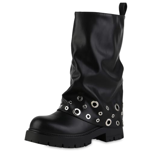 VAN HILL Damen Bikerstiefel Blockabsatz Ösen Trendy Schuhe 217553 Schwarz 37 von VAN HILL