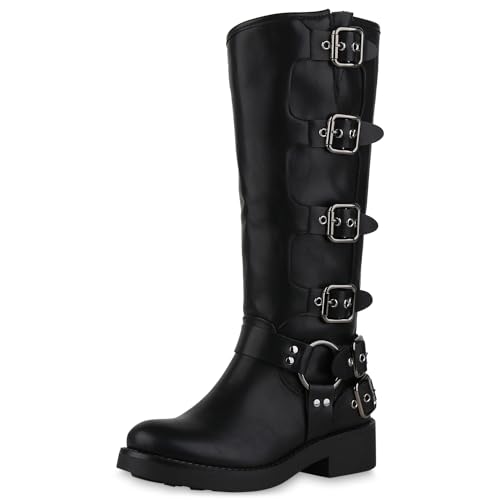VAN HILL Damen Bikerstiefel Blockabsatz Schnallen Trendy Schuhe 214065 Schwarz 36 von VAN HILL