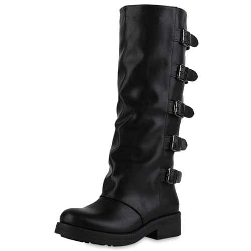 VAN HILL Damen Bikerstiefel Blockabsatz Schnallen Trendy Schuhe 217688 Schwarz 37 von VAN HILL