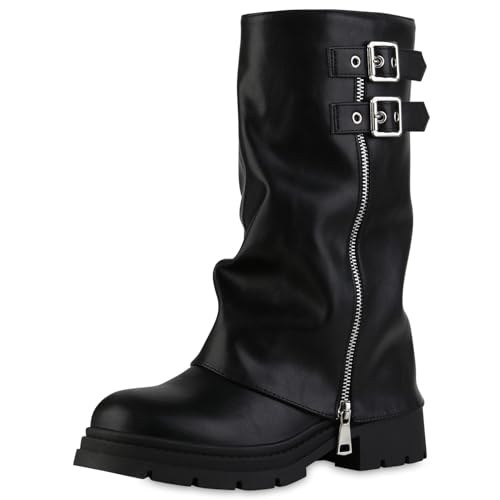 VAN HILL Damen Bikerstiefel Blockabsatz Zipper Trendy Schuhe 217554 Schwarz 40 von VAN HILL