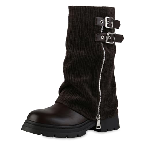 VAN HILL Damen Bikerstiefel Blockabsatz Zipper Trendy Schuhe 217556 Braun 40 von VAN HILL