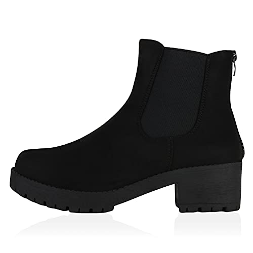 VAN HILL Damen Chelsea Boots Blockabsatz Plateau Stiefeletten Leder-Optik 610423 Schwarz 40 von VAN HILL