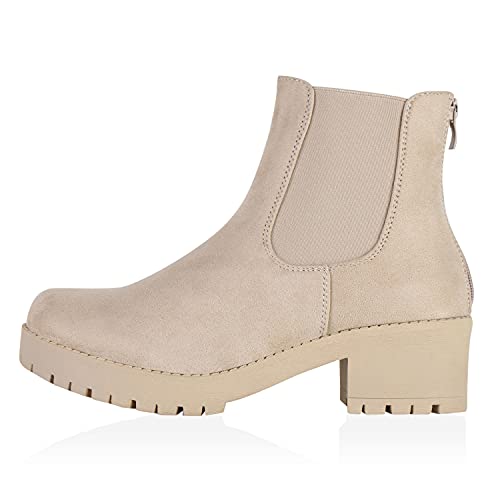 VAN HILL Damen Chelsea Boots Blockabsatz Plateau Stiefeletten Leder-Optik 610424 Nude 39 von VAN HILL