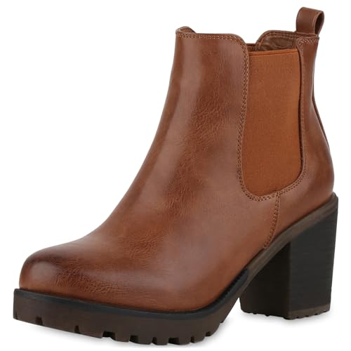 VAN HILL Damen Chelsea Boots Leicht Gefütterte Stiefeletten Blockabsatz Plateau Schuhe Profilsohle High Heels Leder Optik Booties 611522 Hellbraun 40 von VAN HILL