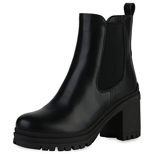 VAN HILL Damen Chelsea Boots Stiefeletten Blockabsatz Schuhe Profilsohle Freizeit Booties Plateau Vorne Schlupfschuhe 208331 Schwarz 36 von VAN HILL