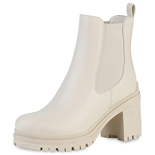 VAN HILL Damen Chelsea Boots Stiefeletten Blockabsatz Schuhe Profilsohle Freizeit Booties Plateau Vorne Schlupfschuhe 208332 Beige 37 von VAN HILL