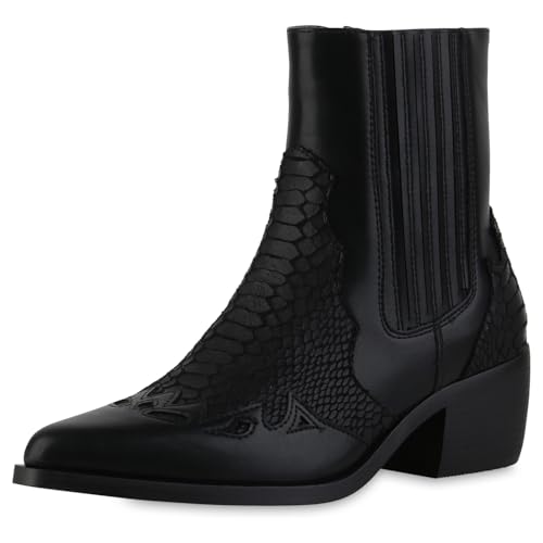 VAN HILL Damen Cowboy Boots Blockabsatz Holzoptikabsatz Trendy Schuhe 217748 Schwarz 36 von VAN HILL