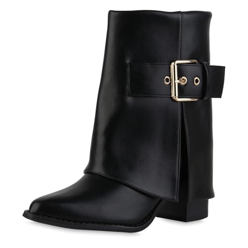 VAN HILL Damen Cowboy Boots Blockabsatz Schnallen Trendy Schuhe 217785 Schwarz 36 von VAN HILL