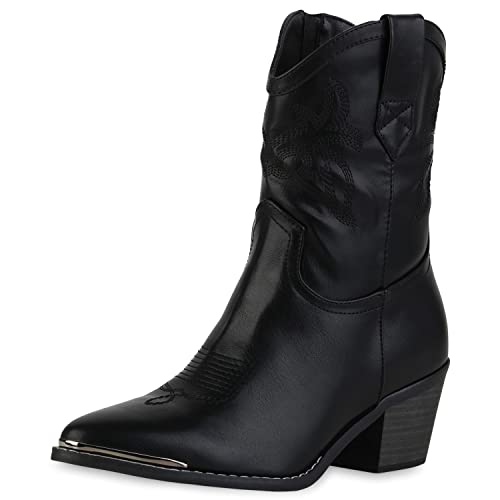 VAN HILL Damen Cowboy Boots Stiefeletten Spitze Schuhe Stickereien Western Booties Holzoptikabsatz Freizeitstiefeletten 210310 Schwarz 37 von VAN HILL