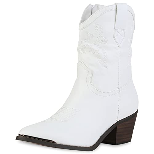 VAN HILL Damen Cowboy Boots Stiefeletten Spitze Schuhe Stickereien Western Booties Holzoptikabsatz Freizeitstiefeletten 210311 Weiss 37 von VAN HILL