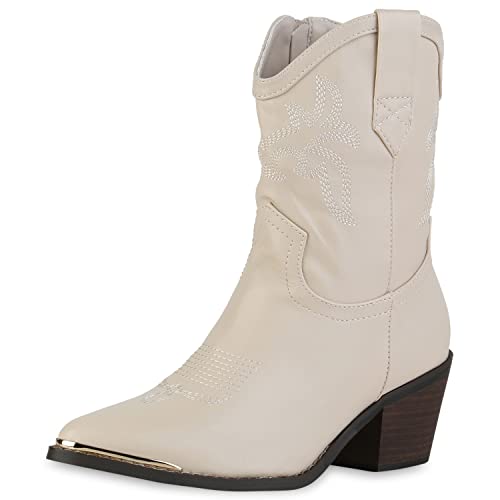VAN HILL Damen Cowboy Boots Stiefeletten Spitze Schuhe Stickereien Western Booties Holzoptikabsatz Freizeitstiefeletten 210312 Beige 38 von VAN HILL