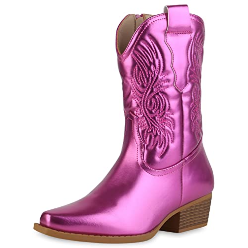 VAN HILL Damen Cowboy Boots Stiefeletten Stickereien Schuhe Holzoptikabsatz Freizeit Stiefel Spitze Western Booties 211814 Fuchsia Metallic 37 von VAN HILL