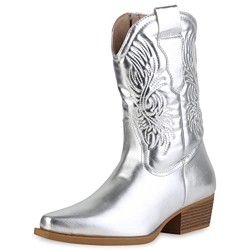 VAN HILL Damen Cowboy Boots Stiefeletten Stickereien Schuhe Holzoptikabsatz Freizeit Stiefel Spitze Western Booties 211815 Silber 36 von VAN HILL