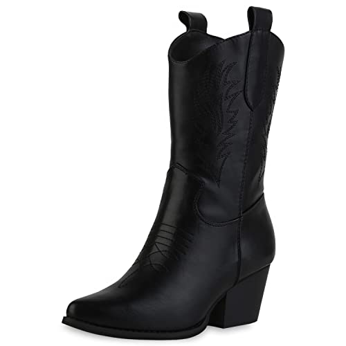 VAN HILL Damen Cowboy Boots Stiefeletten Stickereien Schuhe Holzoptikabsatz Stiefel Spitze Freizeit Western Booties 210005 Schwarz 37 von VAN HILL