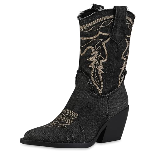 VAN HILL Damen Cowboy Boots Trichterabsatz Denim Trendy Schuhe 216019 Schwarz 36 von VAN HILL