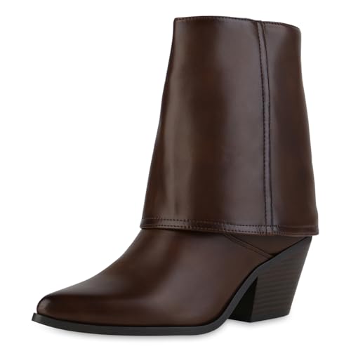 VAN HILL Damen Cowboy Boots Trichterabsatz Holzoptikabsatz Trendy Schuhe 215963 Braun 39 von VAN HILL