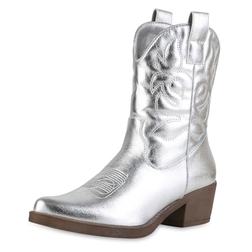 VAN HILL Damen Cowboy Boots Trichterabsatz Stickereien Trendy Schuhe 216053 Silber PU 38 von VAN HILL