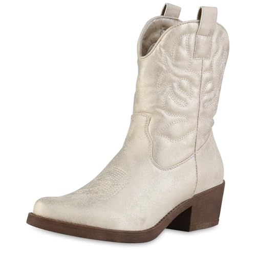 VAN HILL Damen Cowboy Boots Trichterabsatz Stickereien Trendy Schuhe 216055 Gold Weiss PU 38 VAN HILL Damen Cowboy Boots Trichterabsatz Stickereien Trendy Schuhe 216055 Gold Weiss PU 38 von VAN HILL