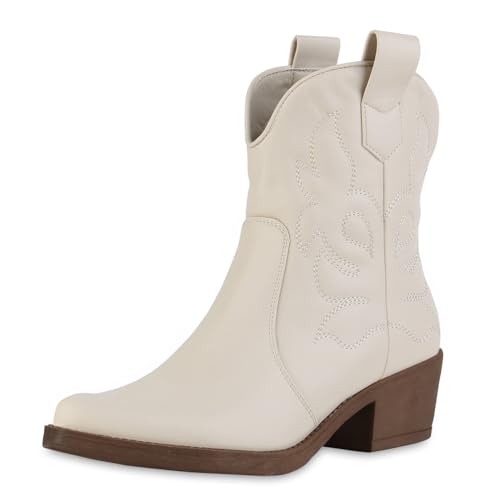 VAN HILL Damen Cowboy Boots Trichterabsatz Stickereien Trendy Schuhe 216064 Creme 38 von VAN HILL
